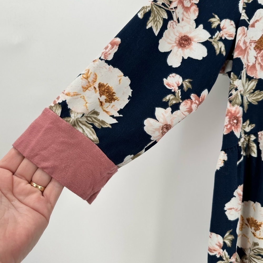 PS Kate Women’s Navy Flowy Floral Pink Trim Gathered Waist 3/4 Sleeves Top Sz Lg - Picture 5 of 8